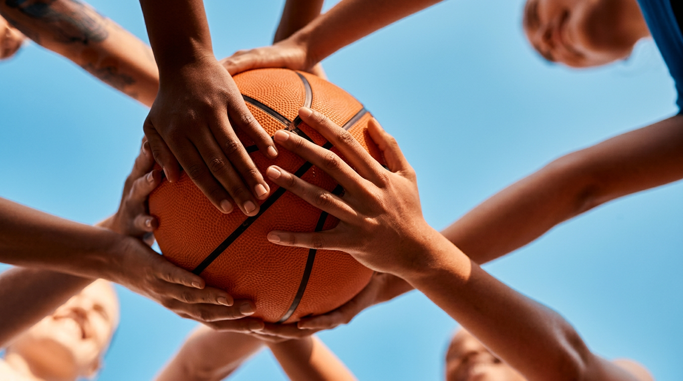 Diverse young athletes stacking hands together on a basketball beneath a bright blue sky