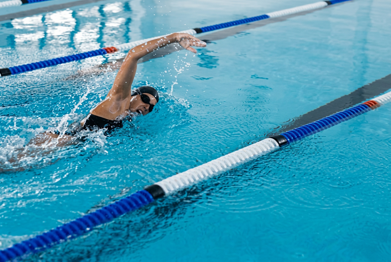 Competitive swimmer training in a bright indoor swimming pool