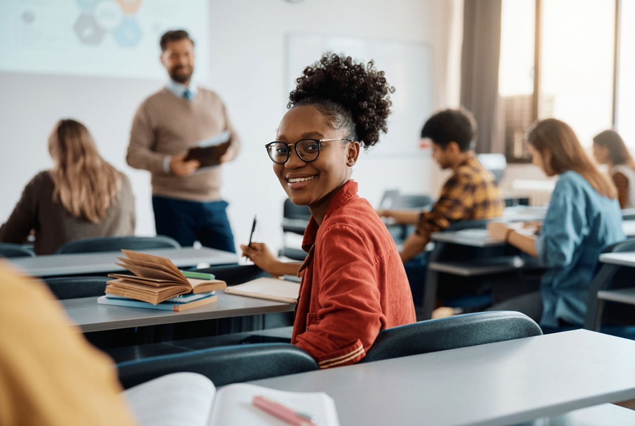 Smiling student in a classroom mentorship session with educator and peers