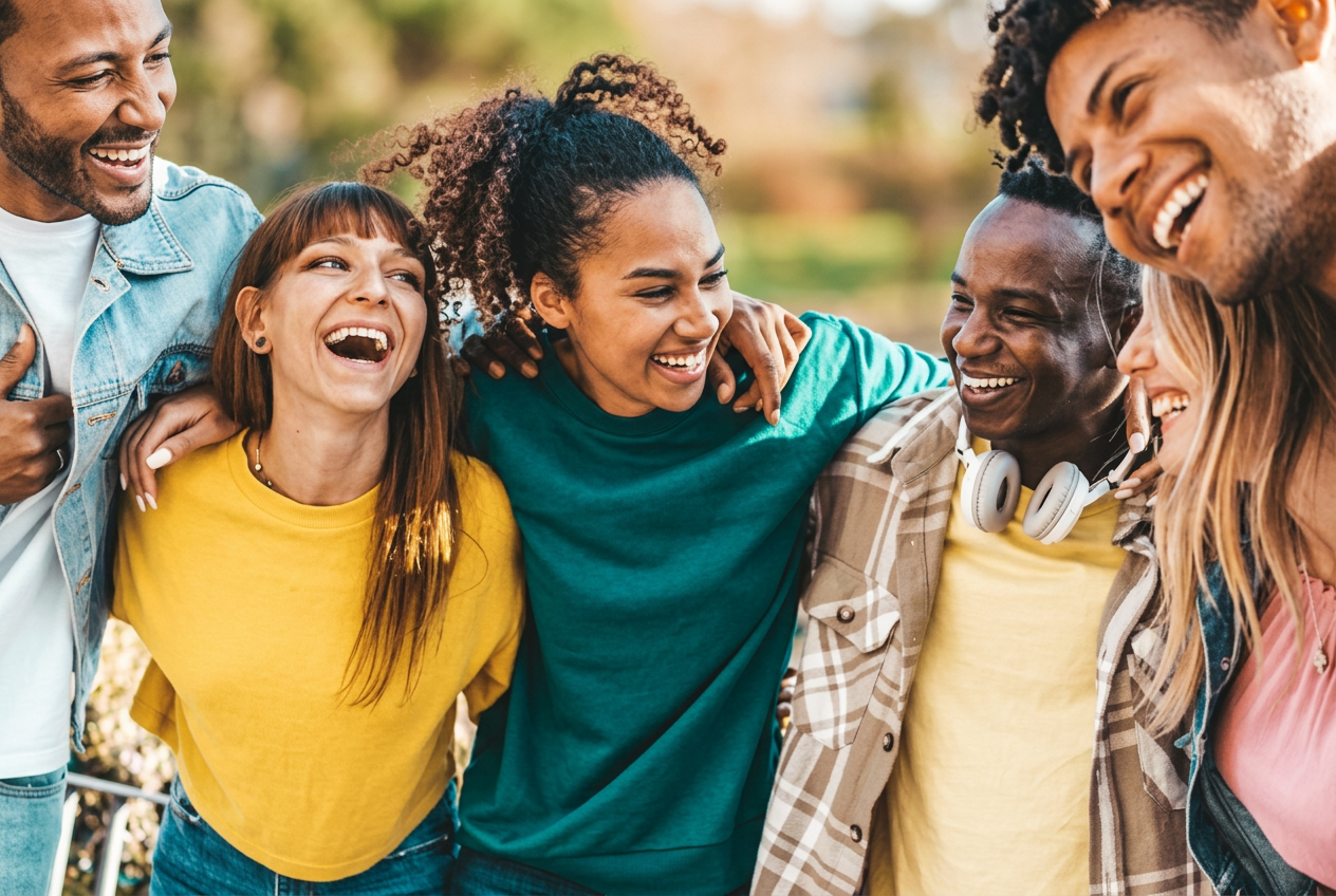 Diverse group of friends laughing together outdoors in a park