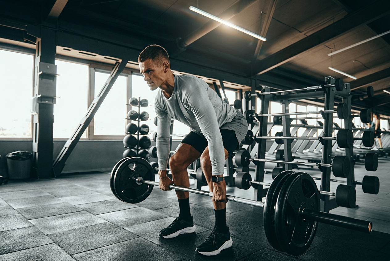 Athlete performing a barbell deadlift in a strength training facility
