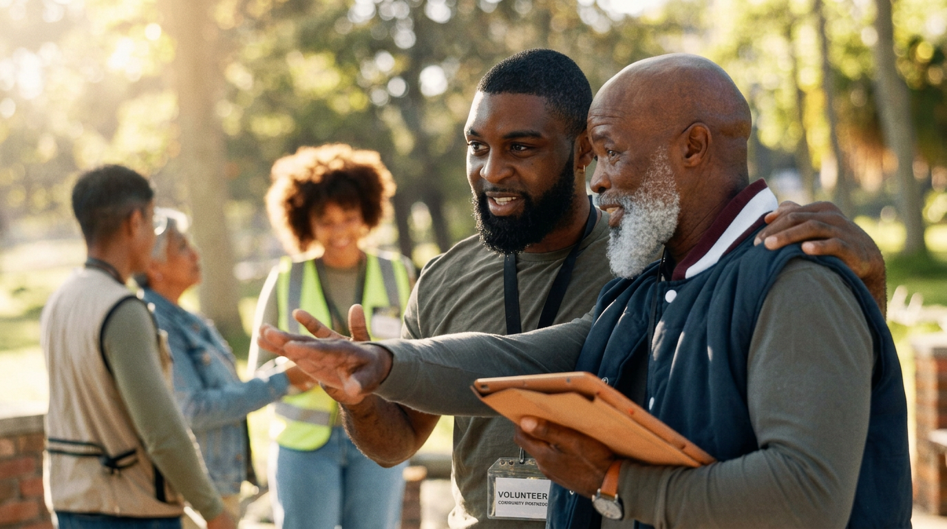 Volunteers and community members organizing together outdoors in warm sunlight
