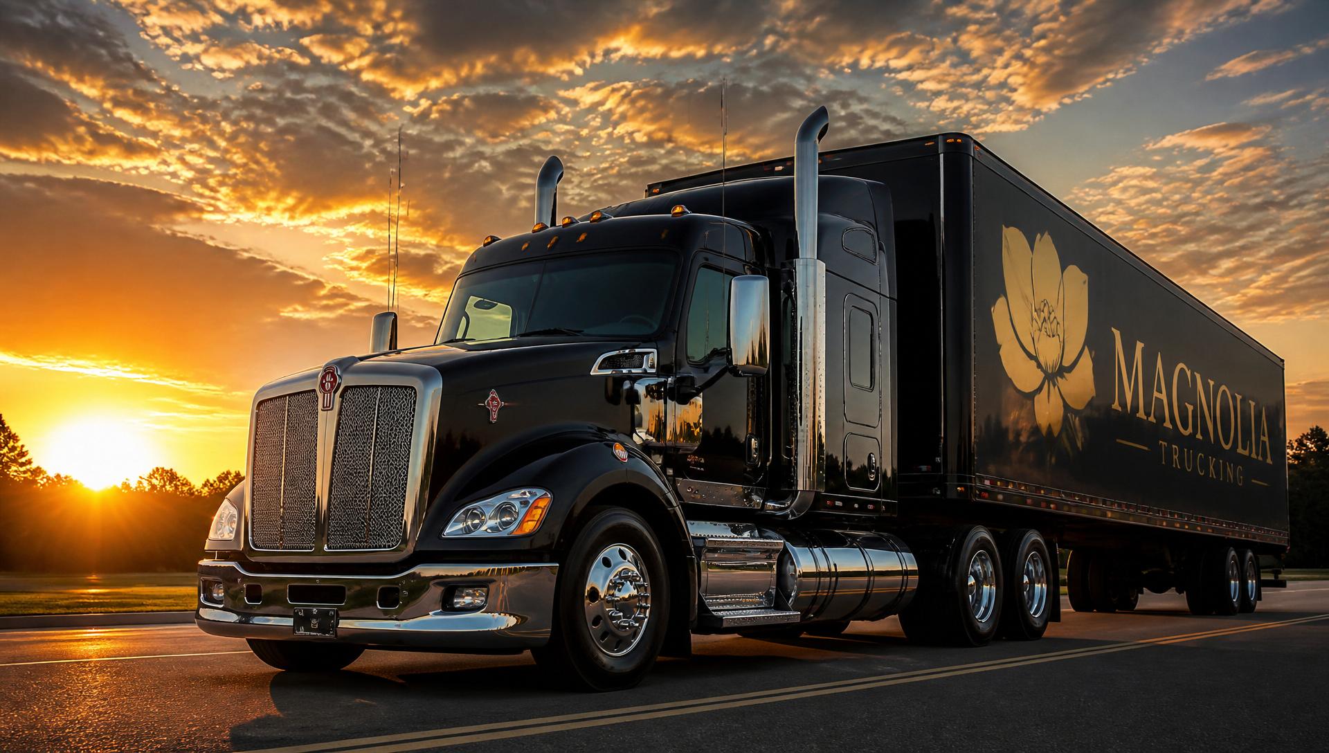 Cinematic view of a black and gold Magnolia Trucking semi-truck on the open road